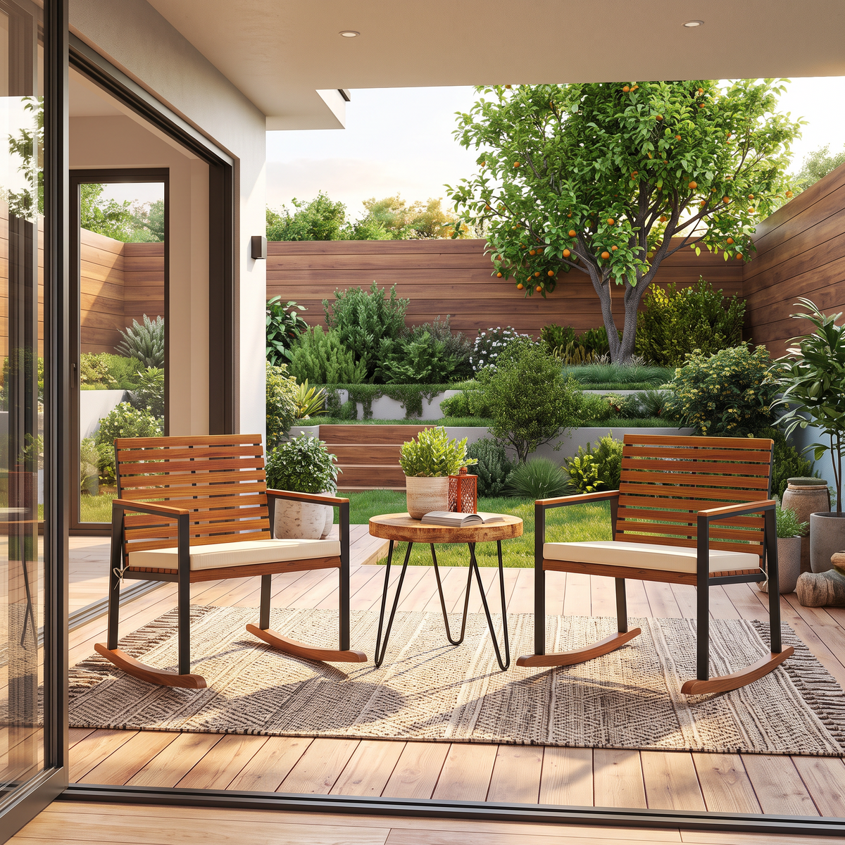 Acacia Wood Outdoor Lawn Rocking Chair Set of 2, Outdoor in a modern home