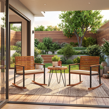 Acacia Wood Outdoor Lawn Rocking Chair Set of 2, Outdoor in a modern home