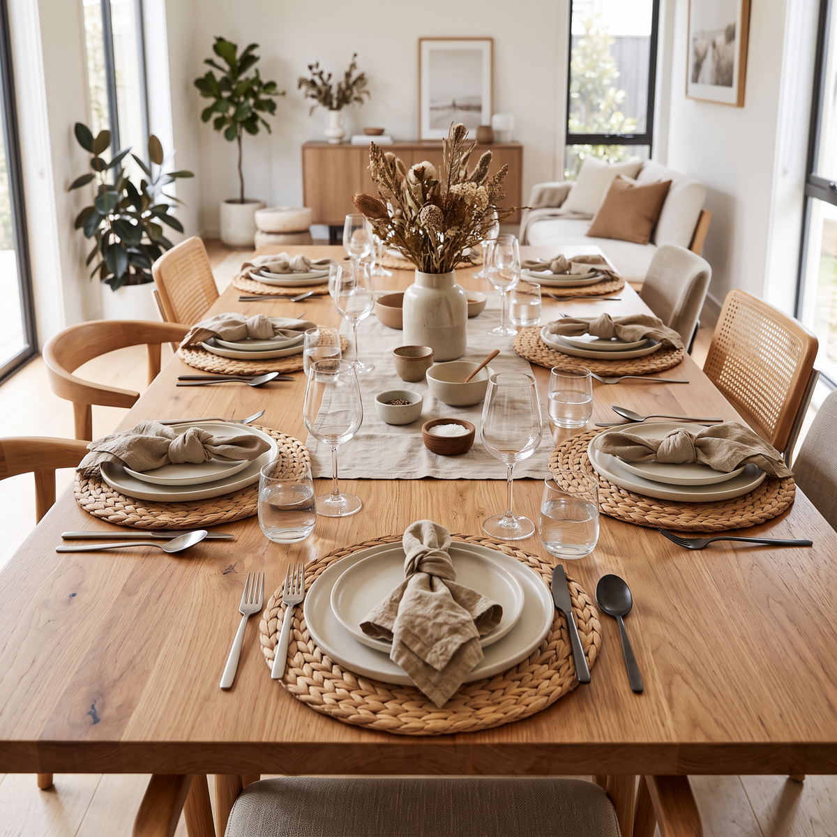 Natual Straw Weave Rattan round Placemats Cups Mat Dining in a modern home