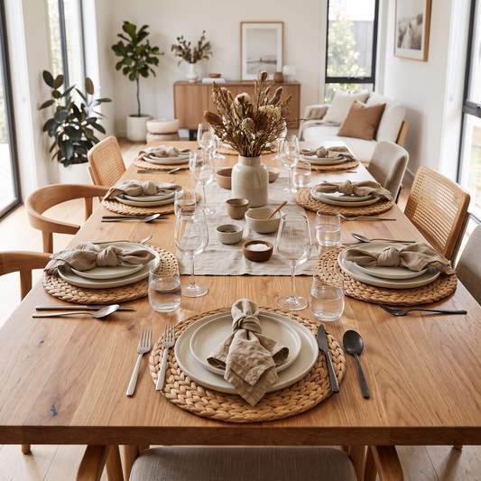 Natual Straw Weave Rattan round Placemats Cups Mat Dining in a modern home