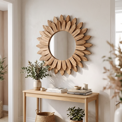 Wooden Wall-Mounted Mirror Sunflower Make-Up Mirror in a modern home