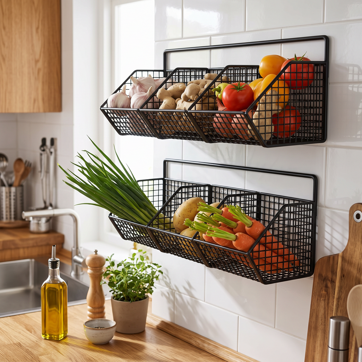Kitchen Wall Mounted Storage Rack Vegetables Fruits Holder in a modern home