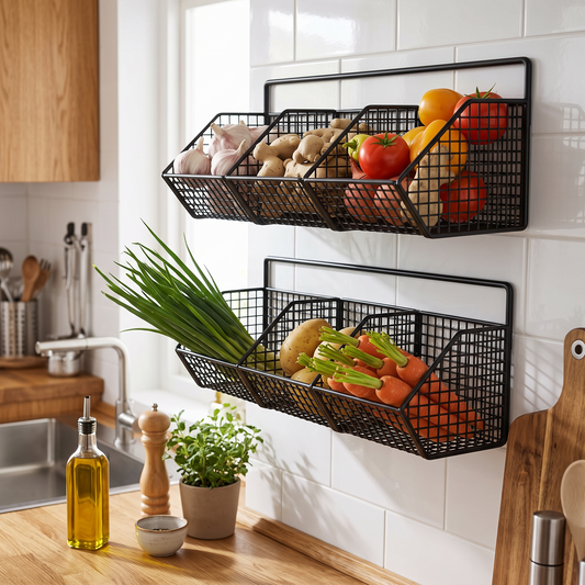 Kitchen Wall Mounted Storage Rack Vegetables Fruits Holder in a modern home