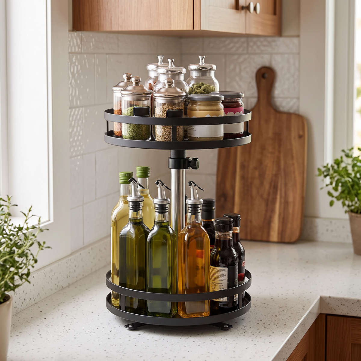 360°Rotation Spice Rack Organizer Jar Cans Non-Skid Storage in a modern home