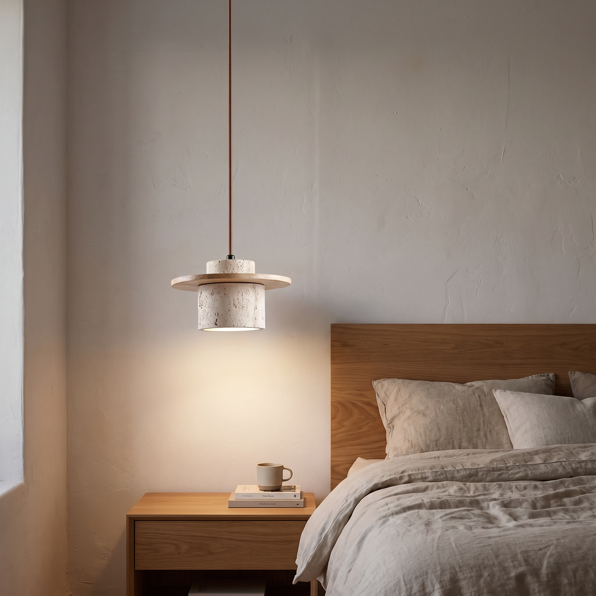 Stone Pendant Light with round Wood Bedside Lamp Restaurant in a modern home