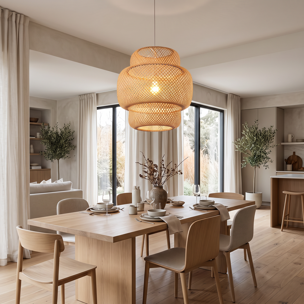 Modern Bamboo Hand Woven Bamboo Art Chandelier Dining Rroom in a modern home