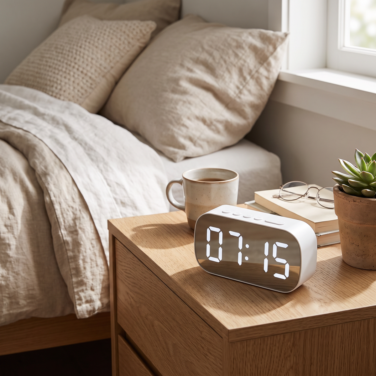 LED Digital Electronic Clock Simple Desktop Alarm Clock in a modern home