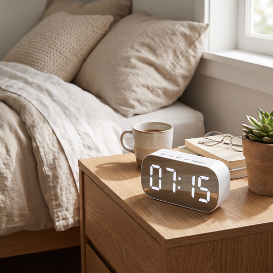 LED Digital Electronic Clock Simple Desktop Alarm Clock in a modern home