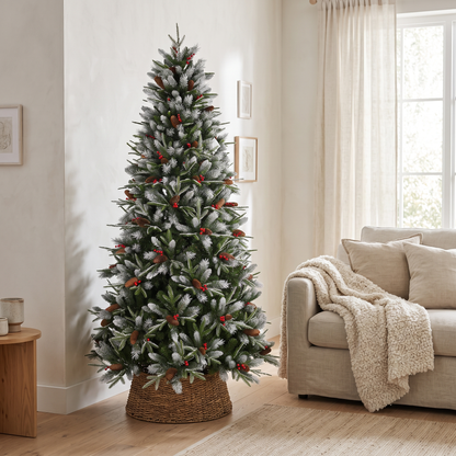 Snow-Tipped Pine Christmas Tree in a bright living room