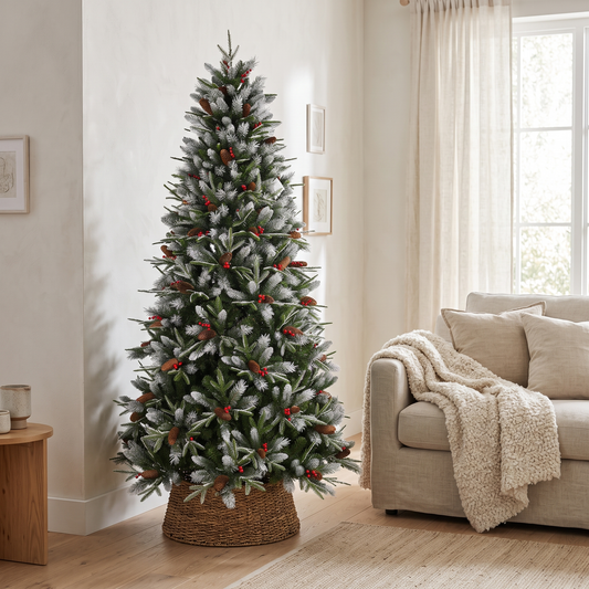 Snow-Tipped Pine Christmas Tree in a bright living room