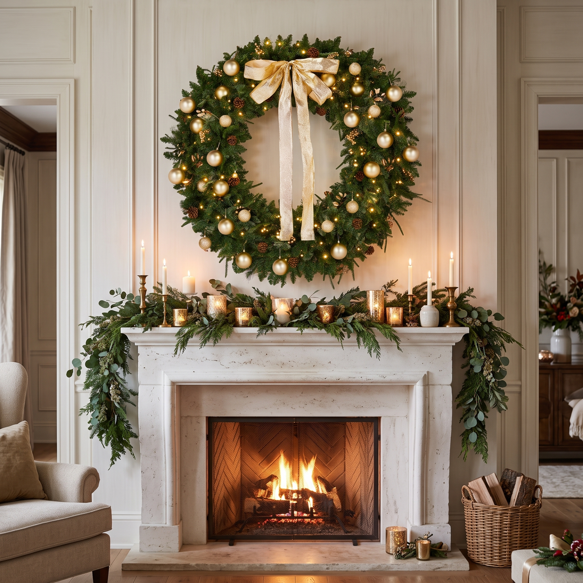 48 inch Pre-Lit Gold Ornament Wreath above a fireplace