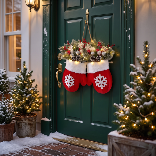 Lighted Mitten Door Wreath on a green front door