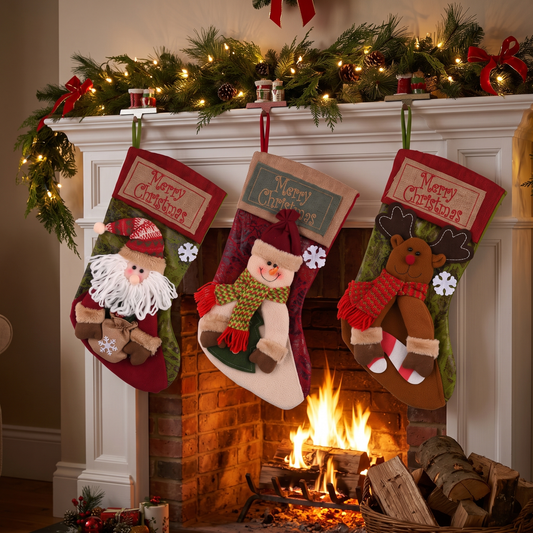 Santa, Snowman and Reindeer Christmas stockings on a mantel