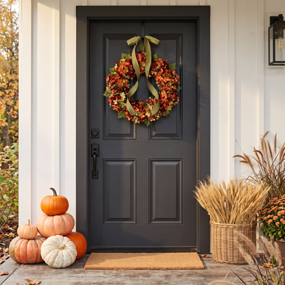 Autumn Hydrangea Wreath on a charcoal front door with pumpkins