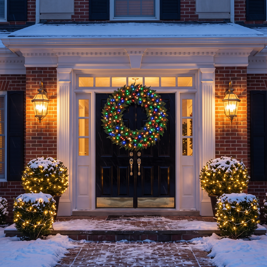 Pre-Lit Multicolor Fir Wreath on a black front door at dusk