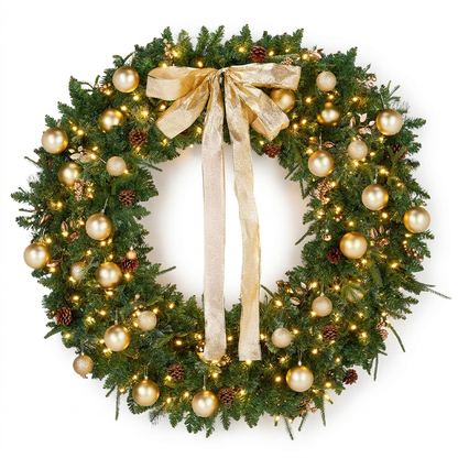 48" Pre-Lit Gold Ornament Wreath on a white background
