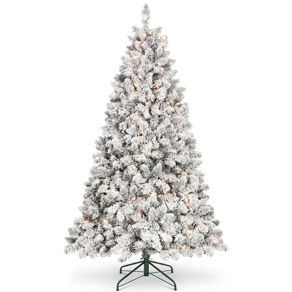 Snow Covered Pre-Lit Christmas Tree on a white background