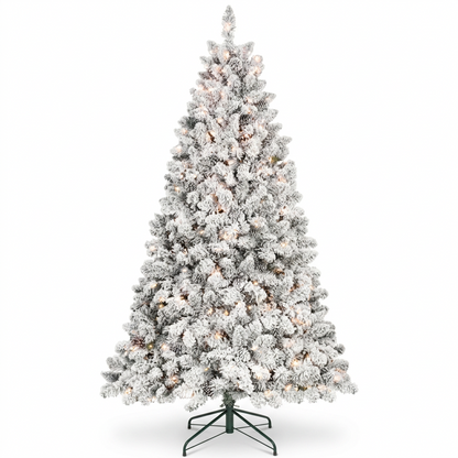 Snow Covered Pre-Lit Christmas Tree on a white background