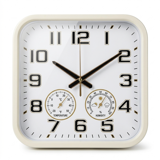 Retro Clock with Weather Display on a white background