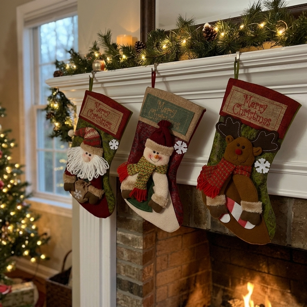 Plush Christmas stockings hanging on a decorated mantel