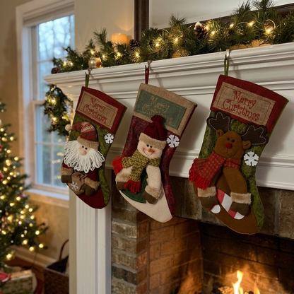 Plush Christmas stockings hanging on a decorated mantel
