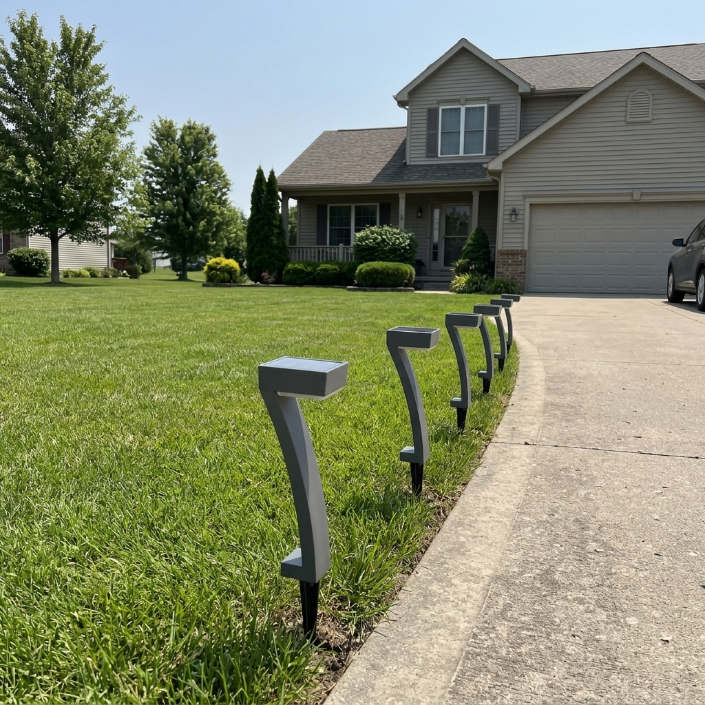 Solar path lights along a lawn and driveway