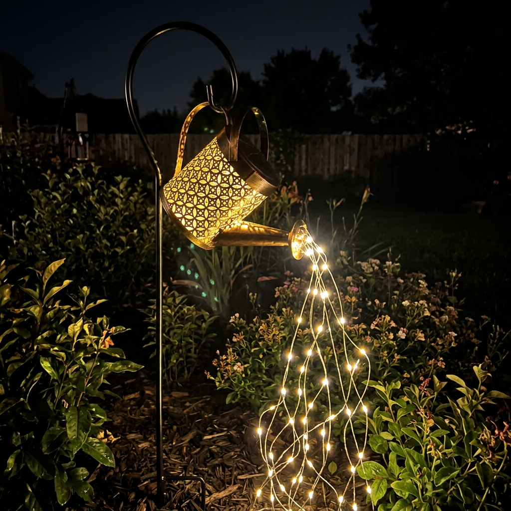 Solar watering can light glowing in a garden at night