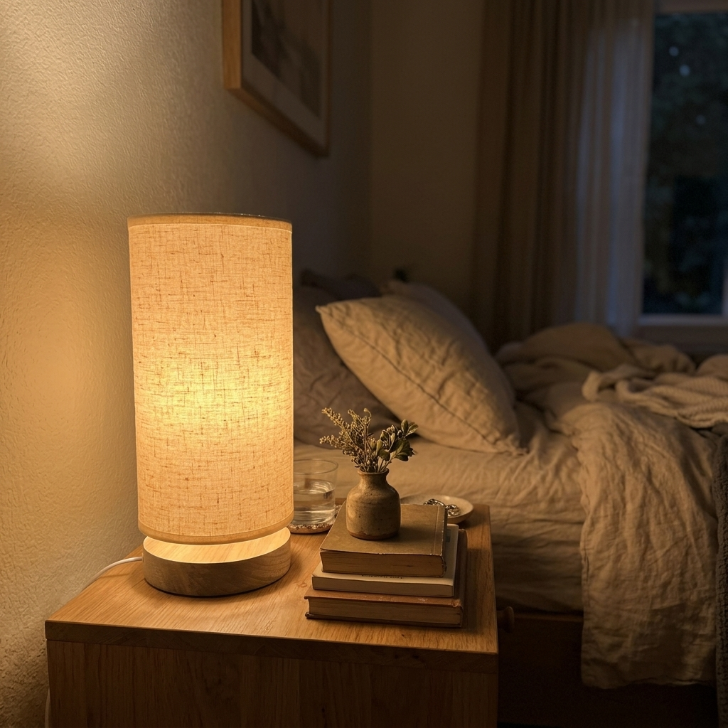 Linen shade table lamp on a bedside table
