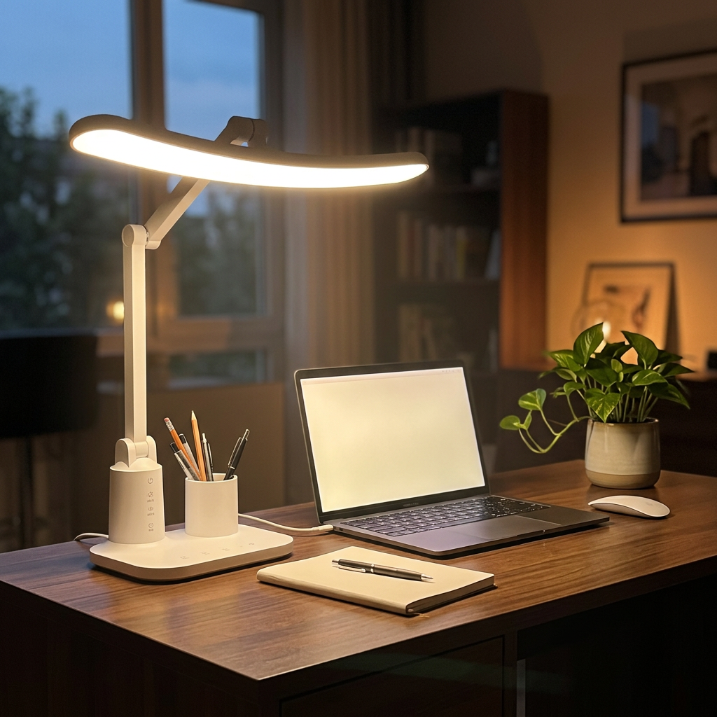 Rechargeable LED desk lamp on a home office desk