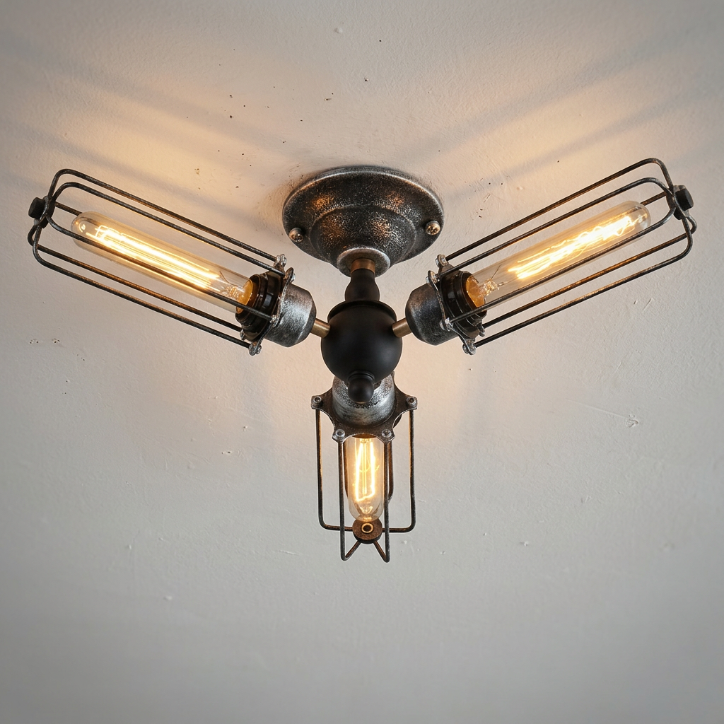 Industrial cage flush mount with glowing Edison bulbs