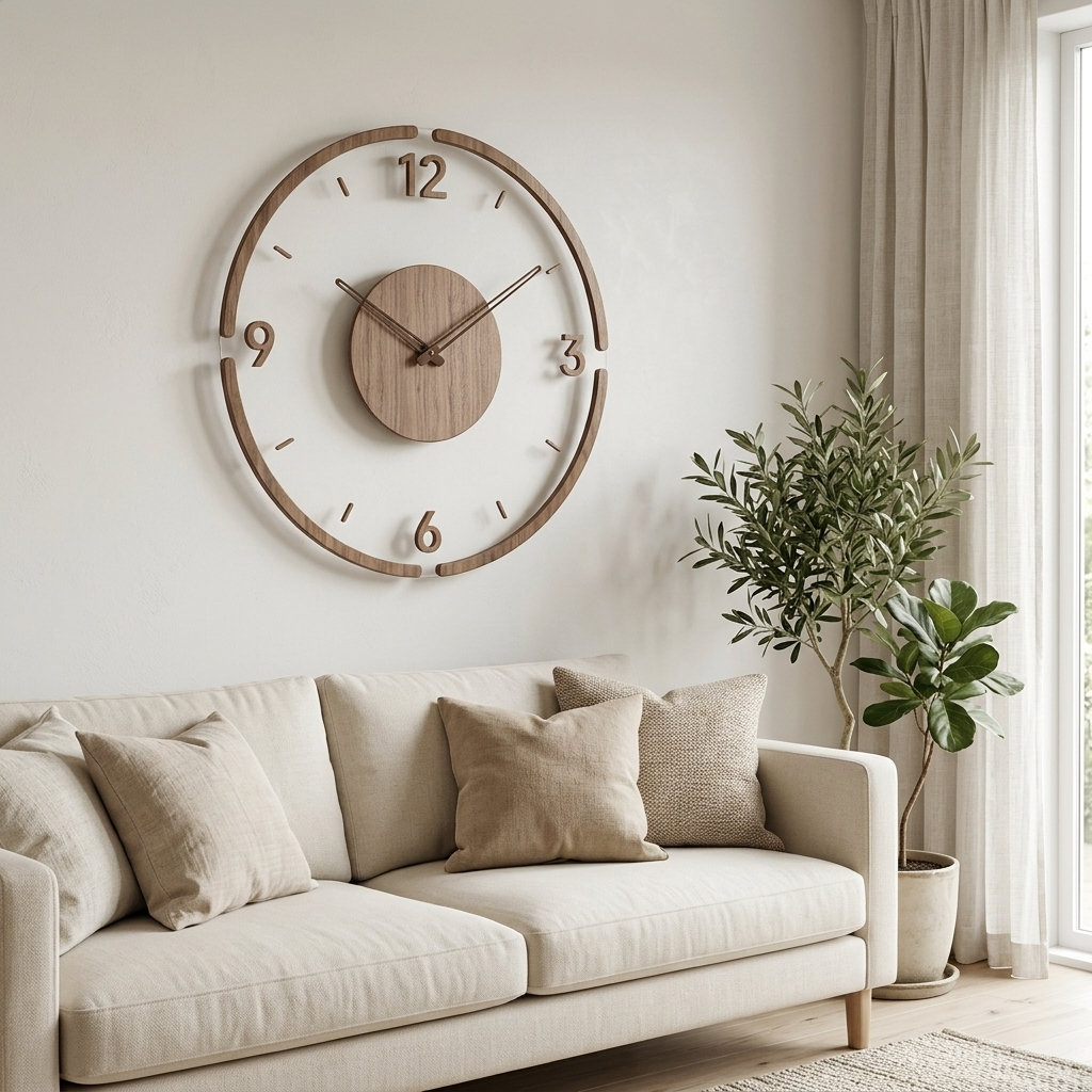 Walnut accent wall clock above a living room sofa