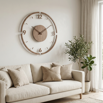 Walnut accent wall clock above a living room sofa