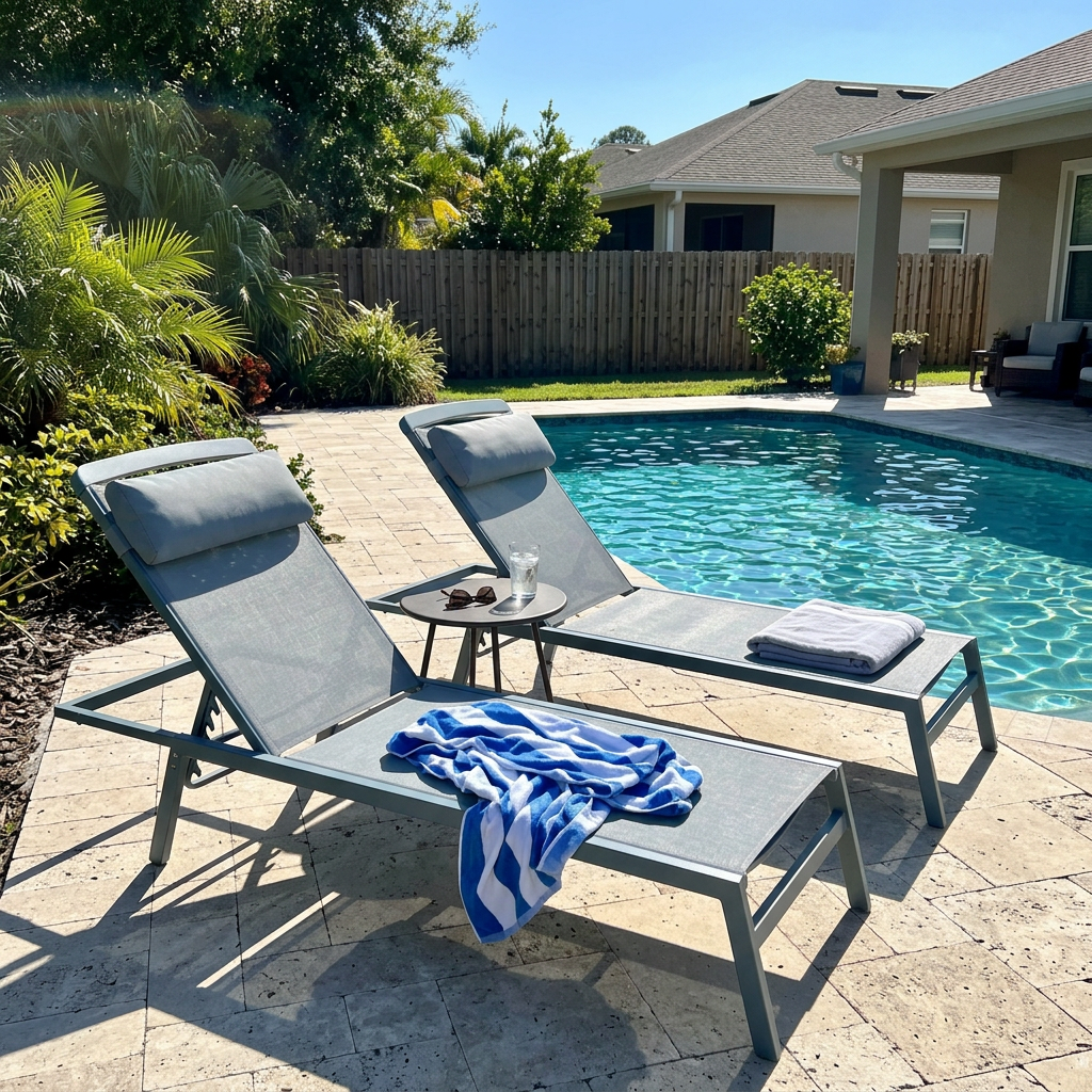 Aluminum chaise lounge set beside a backyard pool