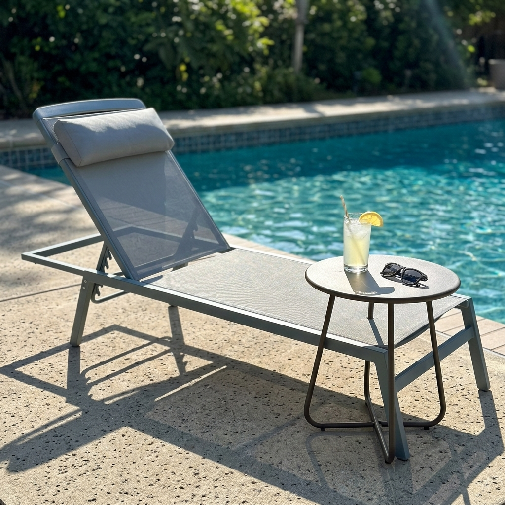 Aluminum chaise lounge and side table poolside