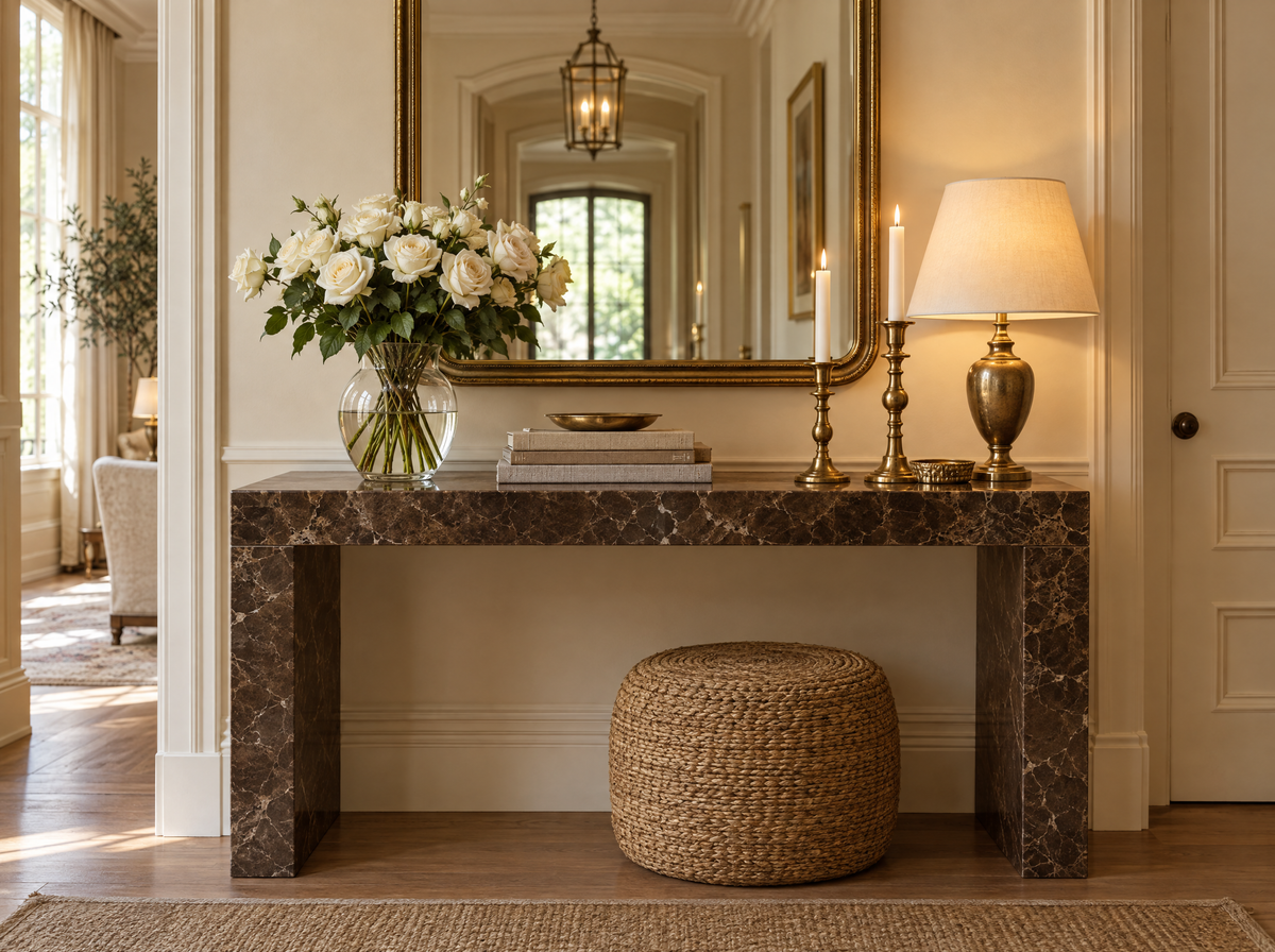 Marble console with white roses, brass mirror and candles