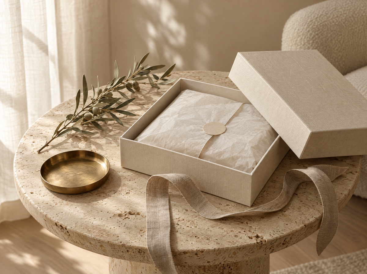 Opened cream gift box with linen ribbon on a travertine table